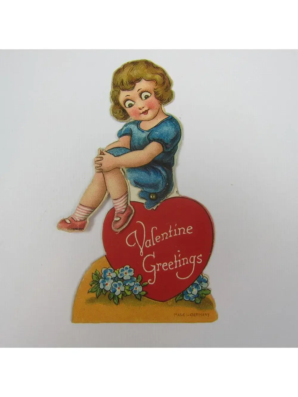 Vintage Valentine Card Mechanical Girl in Blue Dress Sits Red Heart Body Moves